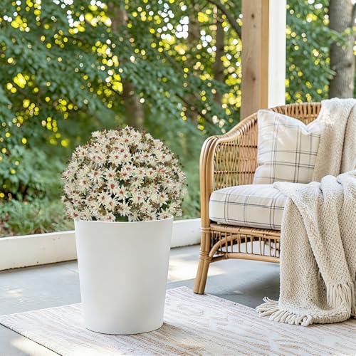 24” Artificial Flowers for Outdoors, Set of 2- UV Resistant Look Real Faux White Mums with Cement Pots, Realistic Fake Plastic Plants for Front Porch Planter Entryway Indoor Decor - color: Daisy Cream White