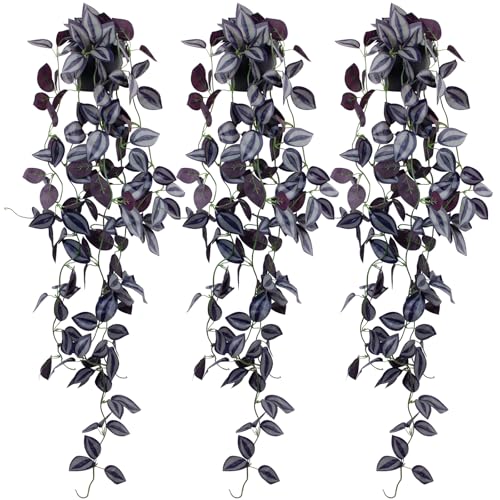 LOYWREE 3Pack Small Fake Hanging Purple Plant Artificial Potted Plants Indoor 39-in Long Faux Dark Black Vine Plant for Shelf Home Office and Outdoor Garden Decor (Black Pot) - color: Eyebrow, size: 3Pack