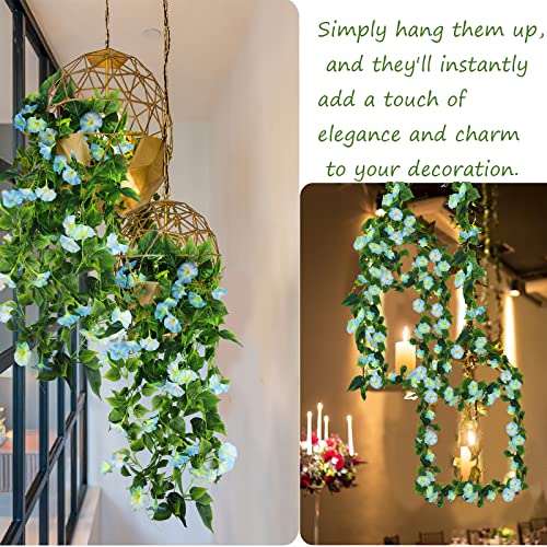 CISDUEO 2 Pcs Artificial Vines for Outdoors Silk Morning Glory Vines 15Feet Hanging Plants Blue Flowers Garland Fake Green Plant Morning Glories for Home Decor Wall Fence Wedding Hanging Baskets - color: Blue