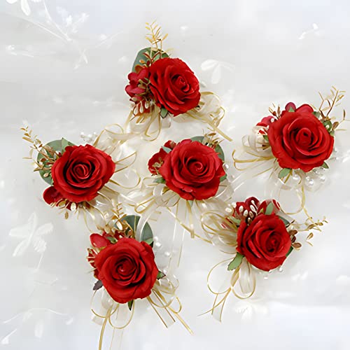 Boutonniere for Wedding Groom 2pcs Satin Rose Groomsmen Best Man Father Suit Lapel Flower Button Hole Artificial Flower with Gold Ornament for Prom Homecoming, Tea Party, Formal Dinner, Red - color: Red Boutonniere
