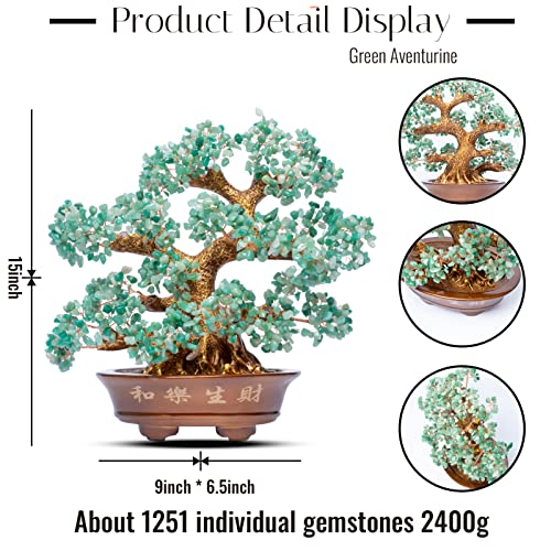 Natural Aventurine (1,251 Gemstone Count) Chakra Crystal Tree with Healing Properties - Home & Office Bonsai Feng Shui Money Tree Decoration for Luck, Success and Intelligence - 14" - color: Aventurine