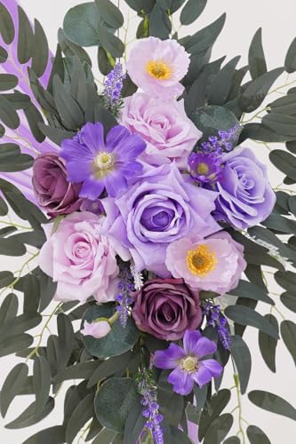 Deluxe Wedding Arch Flowers with Drapes Kit Pack of 4, 2pcs Purple Sage Hanging Silk Flowers Arrangement 2pcs Chiffon Drapes for Ceremony Arbor Party Outdoor Decor - color: Purple & Lavender
