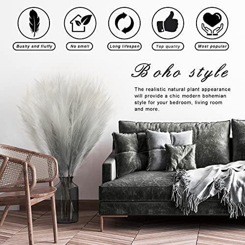 8Pcs 3FT Grey Colorful Faux Pampas Grass for Boho Decor, KALYLOC Non-Shedding Fluffy Artificial Bulrush, Tall Reed Fluffy Stems Vase Filler Living Room Wedding Decoration - color: Grey