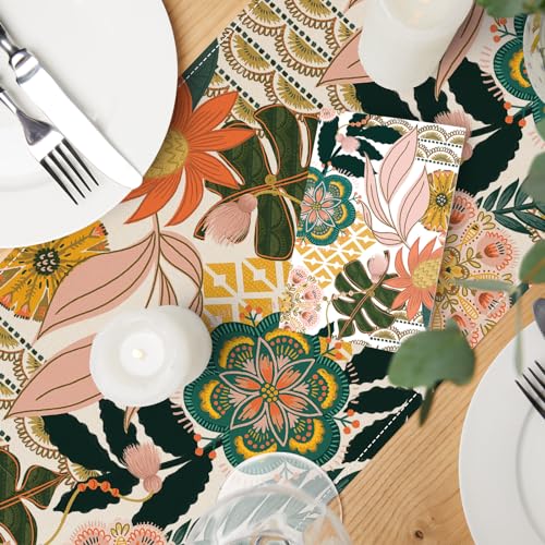 Boho Floral Table Runner Vintage Flower Tropical Leaves Kitchen Dining Table Decoration Botanical for Indoor Outdoor Home Party Decor Supplies, 13 x 72 Inch
