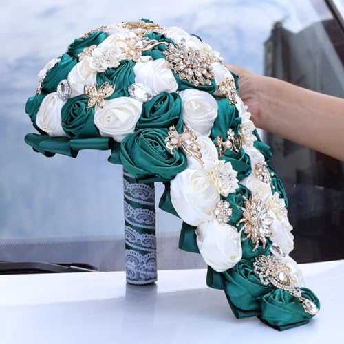 Luxury Cascade Bridal Wedding Bouquet Satin Rose Waterfall Holding Bouquet Artificial Flower Bunch for Bride Bridesmaid(Dark Green & Ivory, 15" x 7.5") - color: Dark Green & Ivory, size: 15"L x 7.5"W(38cm x 19cm)