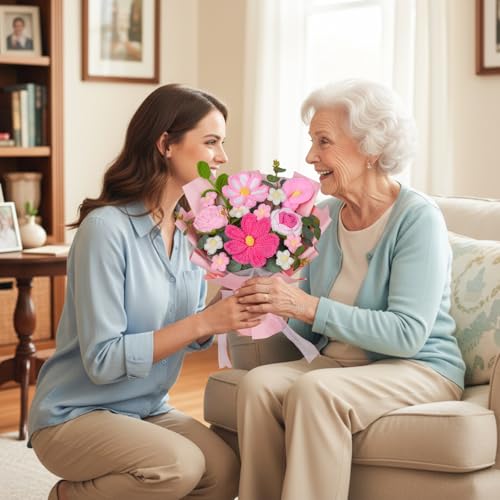 RICHMYC Crochet Flower Bouquet, 10.6 in Pink Handmade Crochet Bouquet Knitted Flowers Roses Tulip Flower, Mother’s Day Personalized Gifts for Birthday Anniversary Mom Women Wife Lover
