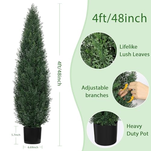 Artificial Cedar Topiary Trees for Outdoors, 4FT UV Resistant Faux Potted Cypress Plants, Set of 2 Realistic Fake Potted Topiary Plants for Home Porch, Garden, and Entryway Decor - size: 4FT (48inch)