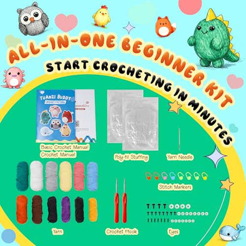 Joyclub Crochet Kit for Beginners 6 PCS Amigurumi Animal Family Crochet Starter Kit with Step-by-Step Video Tutorials 40% Extra Yarn DIY Craft Gifts for Adults Knitting Lovers Mother Teacher Graduates - color: Colorful Animal