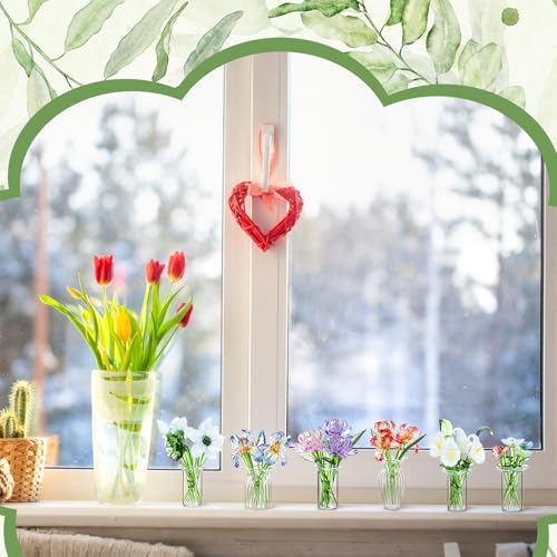 FoldTier 42 Pcs Mini Glass Flower Decoration Hand Blown Glass Flower Figurines Collectible Ornaments with Vase for Mothers Day Birthday Table Centerpiece Garden DIY Craft(Style 2) - style: Style 2