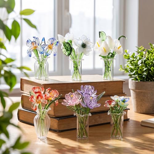 FoldTier 42 Pcs Mini Glass Flower Decoration Hand Blown Glass Flower Figurines Collectible Ornaments with Vase for Mothers Day Birthday Table Centerpiece Garden DIY Craft(Style 2) - style: Style 2