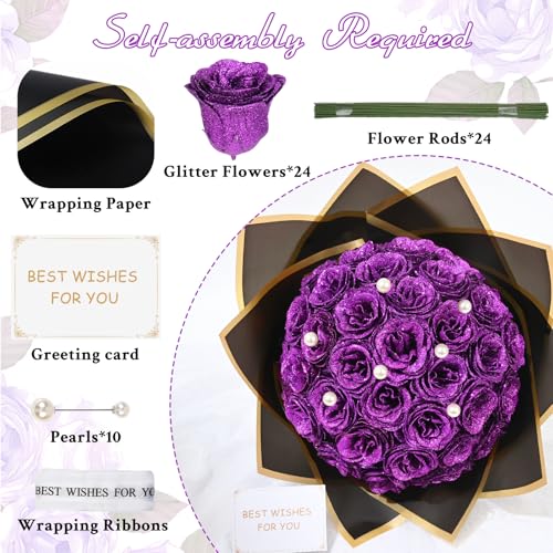 Waipfaru Glitter Roses Bouquet, DIY Fake Flowers Bouquet, Everlasting Shiny Artificial Rose Bouquet for Valentines, Anniversary, Engagement, Wedding, 24 Roses - color: Purple, size: 24pcs