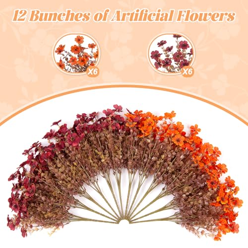 Ammyoo Fall Mums Artificial Flowers for Outdoors Potted, 12 Bundles Fake Fall Daisy Flower with Realistic Eucalyptus Leaves, Fake Plants for Greenery Boxwood Porch Patio Garden Pot Courtyard Lawn - color: Brown Orange-qs