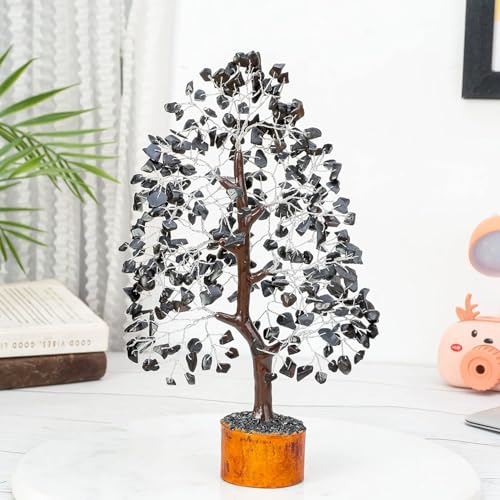 Crocon® Black Tourmaline Crystal Tree of Life Birthday Gifts for Men, Dad, Friend Healing Crystals Spiritual Shelf Crystal Decor Feng Shui Table Decor Gift for Men Housewarming Unique Home Decor - color: Black (Silver Wire)