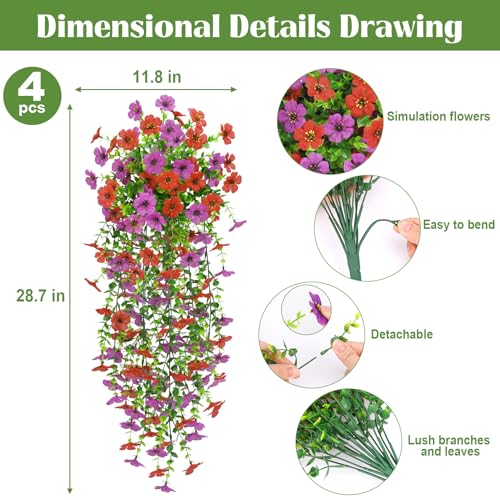 4 Pcs Artificial Hanging Flowers for Outdoor, Fake Silk Daisy Flowers Spring Summer Decoration UV Resistant Faux Plants for Planter Front Door Porch Patio Balcony Yard Decor, Red Purlple - color: Red Purlple