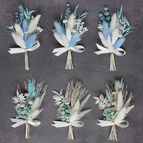 Mini Dried Flower Bouquet Set (6 pcs), Small Blue Bouquet, Boho Wedding Dinner Plate Decoration, Groom's and Best Man's Boutonnieres, Bridesmaid Flower Girl Proposal Gift Box, Card Decoration - color: Blue