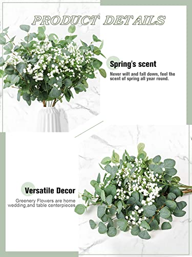 Beferr 5pcs Eucalyptus Stems & 6pcs Babys Breath Artificial Flowers Faux Greenery Bouquets for Wedding Table Centerpiece Home Decor - color: Eucalyptus With Baby's Breath