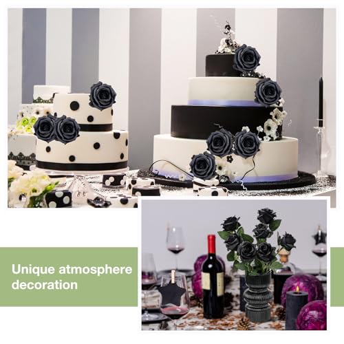 Thiccywoov 30 Pcs Rose Artificial Flowers in Bulk Lifelike Long Stem Silk Roses Bouquets Realistic Faux Flowers for Wedding Bridal Shower Home Decor Floral Arrangements Table Centerpiece(Black) - color: Black