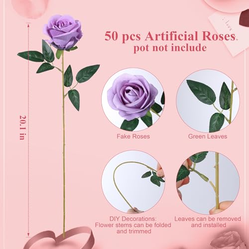 50 PCS Purple Roses Artificial Flowers, Fake Roses with Stem Realistic Silk Roses for DIY Wedding Bouquets Table Centerpieces Arrangements Baby Shower Birthday Home Decor Valentine's Day Gift for Her - color: Dusty Violet & Pale Lavender