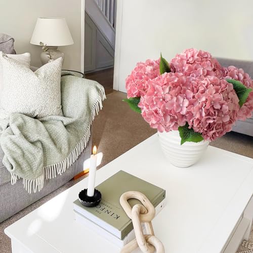 JINWOE 5Pcs 20Inch Large Pink Silk Hydrangea, Cameo Brown Lifelike Artificial Flower Heads with Stems Fake Hydrangeas Flowers for DIY Wedding Baby Showers Centerpiece Home Decor - color: Bean Paste Pink