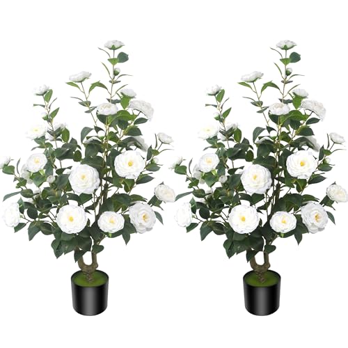 2Pack 39.37"/3.28FT Artificial Camellia Trees with 32 White Flowers in Cement Pots – Lifelike Fake Trees for Front Porch, Home, Indoor Outdoor Spring Decor, Office or Housewarming Gifts - color: White, size: 3ft 3inx2