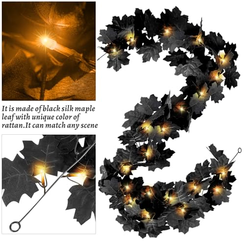Black Leaf Garland with Yellow Lights, 2 Pack Halloween Artificial Hanging Fall Leave Vines with 20 LED, Fall Floral Garlands Thanksgiving Decor for Home Wedding Party (11.8FT) - color: 2 Black With 2 Yellow Lights