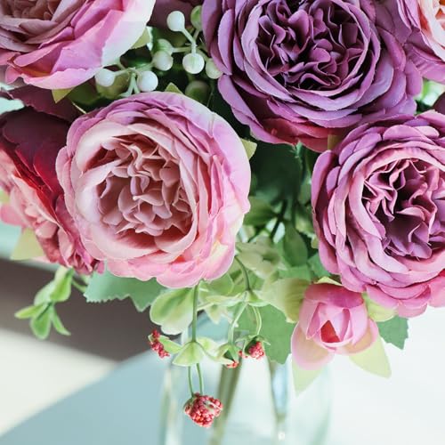 Purple Artificial Peony Bouquet - Silk Fake Peonies with Buds & Foliage, Realistic Faux Flower Arrangement for Wedding Bridal, Party Backdrop Decor, Wreath DIY, Home Table Centerpiece & Door Garland - color: Purple