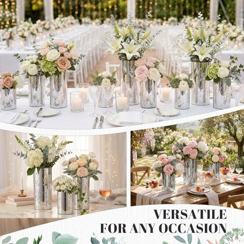 6 Pcs Silver Cylinder Vases for Centerpieces Mercury Vase Hurricane Vase Bulk Acrylic Round Wide Container for Flowers Home Office Wedding Table Decorations (4''/6''/8'') - color: Silver, size: 4''/6''/8''