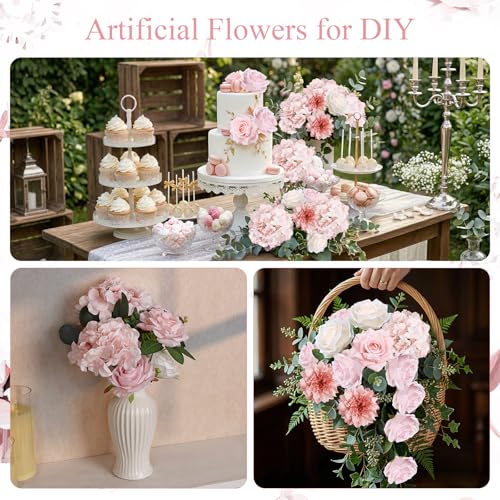 Artificial Flowers Combo, 80Pcs Fake Silk Flowers with Stems for DIY Roses Decor Wedding Craft Party Centerpieces Bridal Bouquets Cake Decorations Arrangements Indoor Outdoor(Blush Pink) - color: Blush Pink
