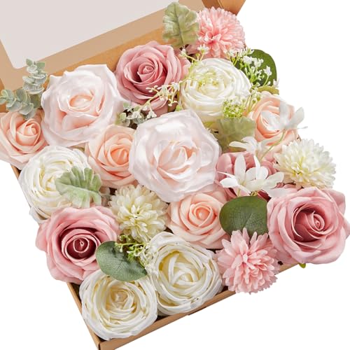 Serwalin Artificial Flowers Fake Silk Flowers for DIY Wedding Bouquets Cake Decoration Mixed Roses Combo Blush Pink and White Flower Centerpieces Arrangements for Party Table Chair Decor - color: A Abby Blush Pink, size: 1 Box