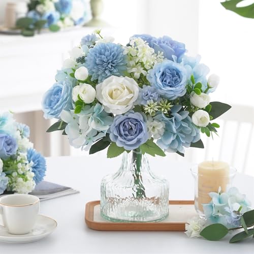 4 Pcs Mixed Artificial Peony Flowers Set-2 Bouquets & 2 Stems, Blue Fake Peony Rose Hydrangea Flowers for Vase Silk Floral Arrangements for Table Centerpiece Wedding Party Bridal Decoration Home Decor - color: Blue, size: Mixed 4pcs