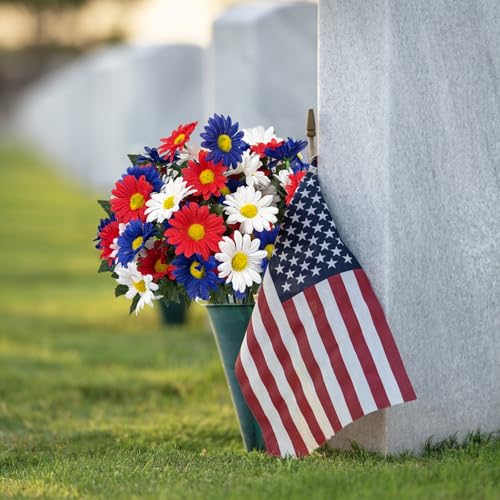 4 Bunches Memorial Day Flowers for Cemetery 15" Red White and Blue Artificial Flowers Faux Daisies Silk Flowers for 4th of July Table Decorations Indoor Outdoor