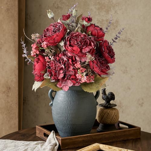 Ivydale Peony Artificial Flowers Bouquet 17.7" Faux Silk Arrangements Fake Peonies Plants Bulk Look Real Dining Table Centerpieces for Home Kitchen Wedding Party Decor, No Vase (Red) - color: Red