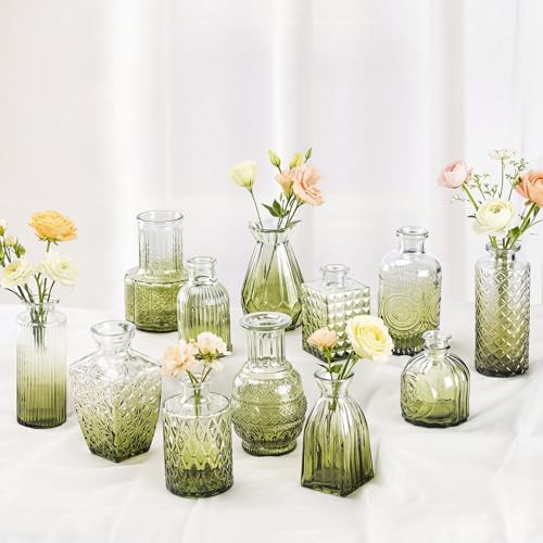 Babenest 12pcs Green Small Bud Vase Set, Mini Gradient Glass Flower Vases in Bulk, Decorations Vintage Little Vase for Rustic Wedding Party Home Office Recepetion Centerpieces Table Decor - color: Green, size: 12pcs