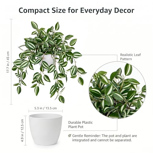 Briful Fake Plant Indoor, 17.7" Green White Faux Trailing Plant in White Plastic Pot Fake Cascading Greenery Plant for Shelf Bathroom Kitchen Office Desk Cabinet Tabletop Home Decor - color: White Stripe Green