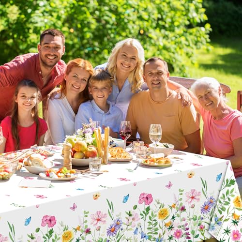 4.5x100 Feet Roll of Spring Floral Plastic Tablecloth,Pink Purple Blue Flower Butterfly Disposable Table Cover Summer Spring Photography Backdrop for Holiday Weeding Birthday Tea Party Decorations - size: 1181" x 54" (Rectangular)
