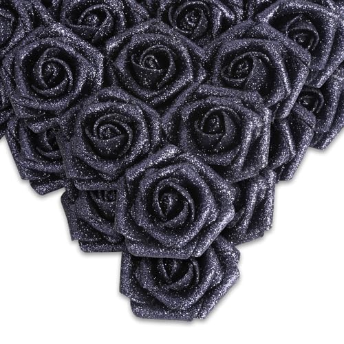 IPOPU Black Glitter Roses,50PCS Fake Roses Glitter Flowers for Crafts DIY Wedding Bouquet Home Party Decoration(Black) - color: 50pcs Black