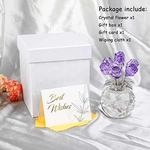 Purple Rose Flower Crystal Figurine with Vase, Bouquet Flowers Ornament Gifts for Wife Girlfriend Women , Handmade Crystal Flower Collectible Home Table Decor for Valentine's Day Wedding Anniversary - color: Purple-crystal Rose