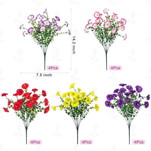 Bassion Artificial Flowers for Outdoors, 20 Bundles Silk Fake Flowers UV Resistant Realistic Morning Glory Faux Eucalyptus Plants for Outside Planters Porch Window Box Garden Indoor Decor - color: Multi Color