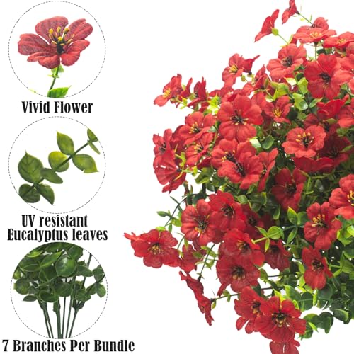 Grunyia Artificial Fake Flowers for Outdoor Spring Decoration, 16 Bundles Faux Silk Colorful Daisy UV Resistant Realistic for Outside Porch Patio Home Yard Garden Planters Pots Window Box (Red) - color: Red