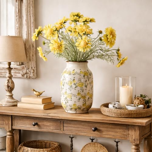 SIDUCAL Ceramic Vintage Pastoral Vase, 8.78 Inch Chinoiserie Floral Vase, Retro Ice Cracked Rustic Farmhouse Vases for Home Decor, Living Room, Bookshelf, Office, Tuscan Decor, Yellow Rose Pattern - color: 18049-yellow Rose