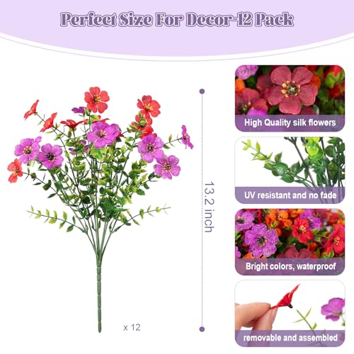 INXUGAO Artificial Fake Flowers Plants for Outdoor Spring Summer Decor, 12 Bundles Faux Silk Flowers for Outdoor Outside Planter Colorful Daisy UV Resistant Look Real for Front Door Porch Patio Yard - color: A-red Purple Orange Brown