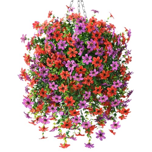 INQCMY Artificial Faux Hanging Flowers Plants Basket for Outdoor Outside Spring Decoration,UV Resistant Fake Silk Daisy in Planter Resistant Look Real for Home Porch Balcony Patio Yard Decor - color: Red Purple