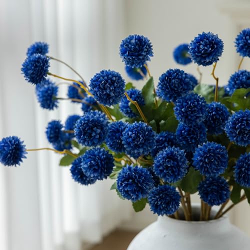 mizii 6Pcs Blue Fake Silk Pompon Mum Artificial Flowers Bulk Small Faux Chrysanthemums with Stems Realistic Floral Decorations for Wedding DIY Bouquet Centerpieces Shower Vase Home Decor (Royal Blue) - color: Royal Blue