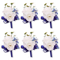 6Pcs White and Blue Faux Silk Boutonnieres for Men Wedding Prom | Artificial Silk Flowers with Blue Ribbons for Groom Groomsman Wedding Homecoming Prom Anniversary Formal Party - color: Blue1# Boutonniere(6 Piece)