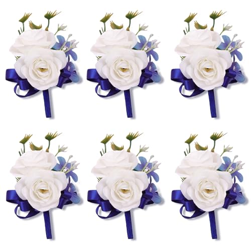 6Pcs White and Blue Faux Silk Boutonnieres for Men Wedding Prom | Artificial Silk Flowers with Blue Ribbons for Groom Groomsman Wedding Homecoming Prom Anniversary Formal Party - color: Blue1# Boutonniere(6 Piece)