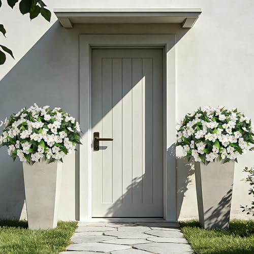 Roberly 6 Bundles Artificial Flowers for Outdoors, Faux Silk Catharanthus Roseus Flowers Bouquet Fake Greenery Plant for Spring Summer Garden Patio Porch Window Box Table Home Decor, White - color: White