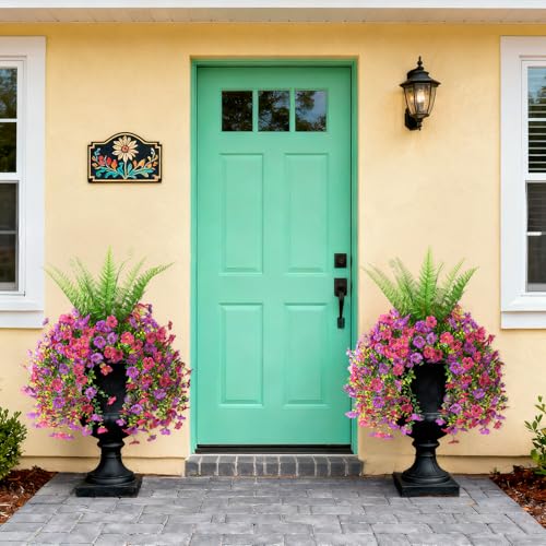 ZFProcess Artificial Fake Hanging Flowers for Outdoors, Silk Daisy with Articial Boston Ferns Plants Set, Realistic Spring Fake Outdoor Flowers UV Resistant Porch Patio Yard Decor - color: Light Purple Red Daisy With Fern