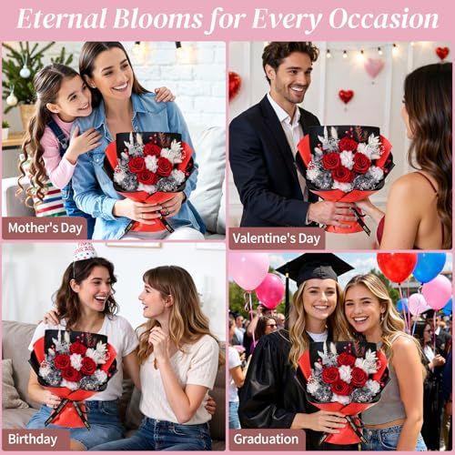 Lewondr Flower for Delivery, Preserved Flowers Bouquet, Red Rose Bouquet with Gift Box, Real Long-Lasting Forever Birthday Flowers Gifts for Wife Girlfriend Mothers Day Anniversary Proposal, White-Red - color: White-Red