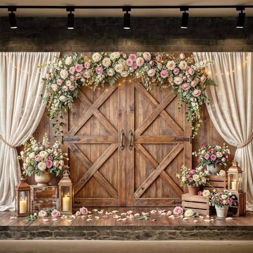 5x3ft Wedding Backdrop Rustic Floral Flower Wooden Wall Backdrop Bridal Baby Shower Ceremony Photography Background Shabby Chic Countryside Western Anniversary Wedding Party Birthday Photo Prop - color: Multi91, size: 5X3FT