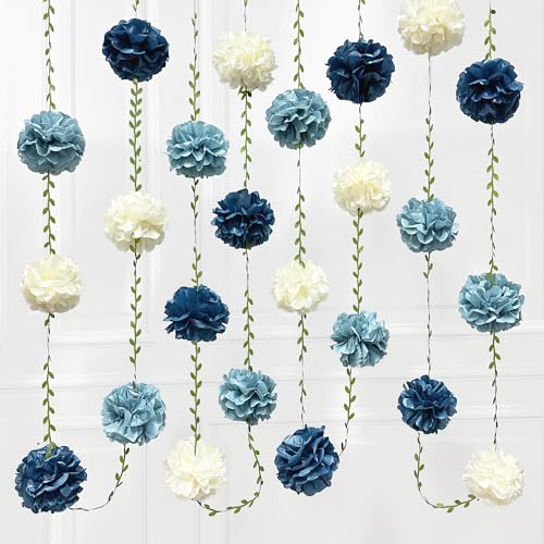 Dusty Blue Party Decorations Dusty Navy Blue Beige Tissue Paper Flowers Pom Pom with Leaf Ribbon Hanging Garland Streamer for Birthday Baby Shower Wedding Graduation Retirement Nautical Party Supplies - color: Dusty Blue Beige